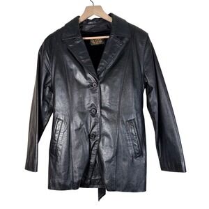 GIANT Black Leather Jacket Belted Collar Button Front Size M‎